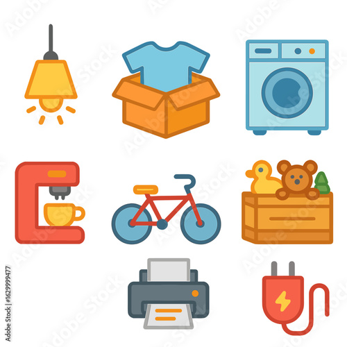 Kids Tech Service Icons. Flat vector mini-illustrations product as service offerings in colors children's illustrations: light as