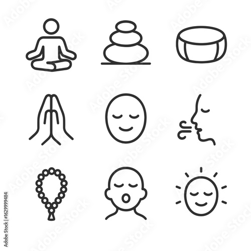 Sanctuary Icon Set. Outline icon set of sanctuary meditation and peace: lotus pose, zen stones, meditation cushion, praying hands,