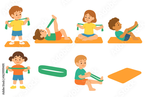 Kids' Band Exercises. Flat vector mini-illustrations resistance band stretching exercises in colors children's illustrations: