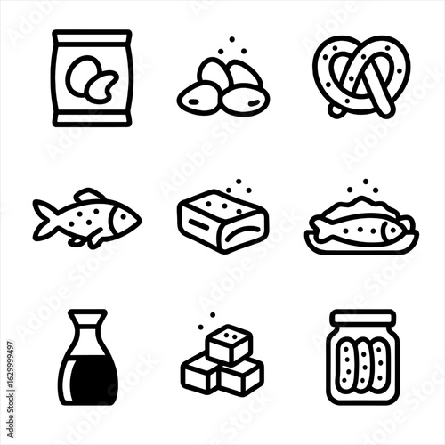 Salty Foods Icons. Outline icon set of salty foods: salted chips, salted nuts, salted pretzel, cured fish, salted meat, salt crust