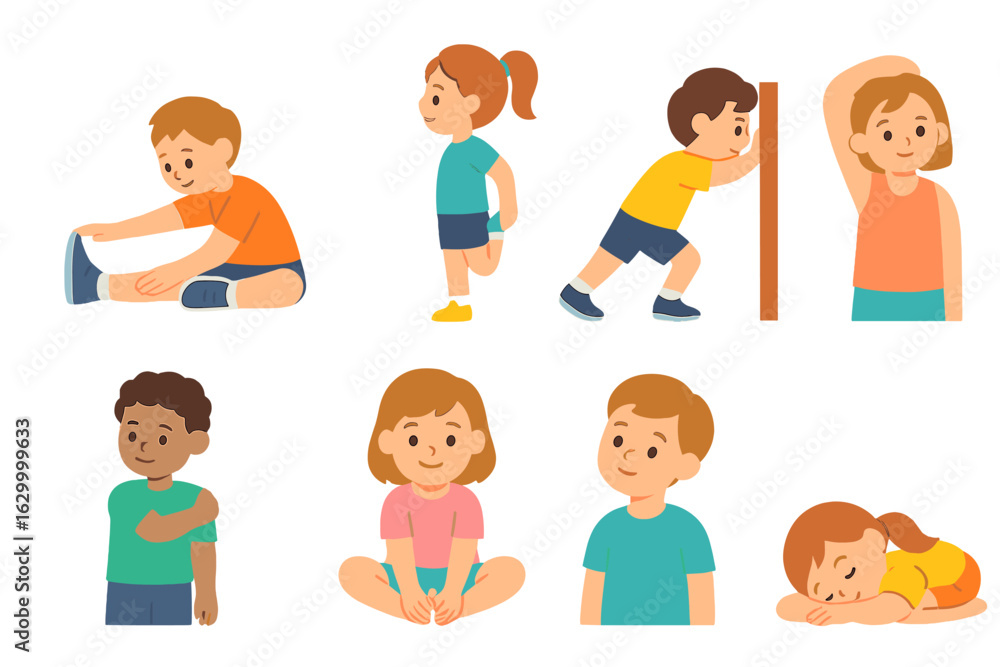 Kids' Stretching Illustration. Flat vector mini-illustrations static stretching post workout in colors children's illustrations: Kids' Stretching Illustration. Flat vector mini-illustrations static stretching post workout in colors children's illustrations: