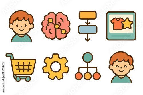 Kids' Tech Workflow. Flat vector mini-illustrations personalization engine workflow in colors children's illustrations: profile