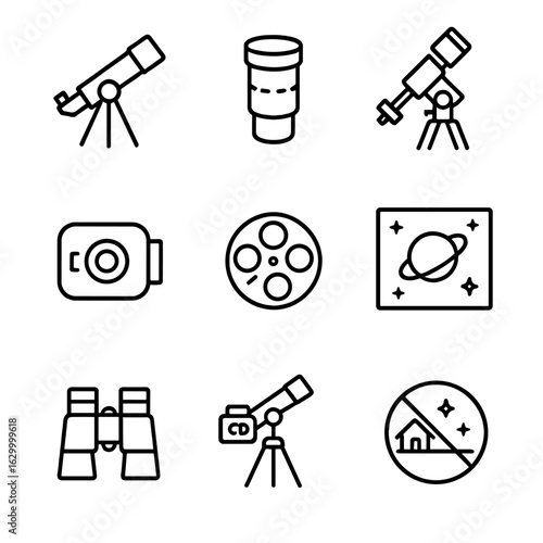 Saturn Observation Icons. Outline icon set of Saturn observation gear: amateur telescope, planetary eyepiece, tracking mount, CCD