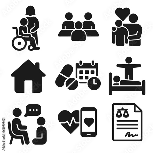 Caregiving Icon Set. Solid, filled icons set of caregiving and family impact: caregiver with patient, family
