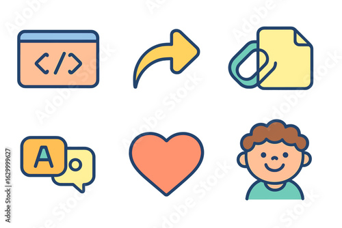 Kids' Icon Panel. Flat vector mini-illustrations code snippet sharing widget in colors children's illustrations: snippet box,