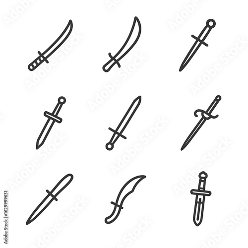 Fantasy Blade Icons. Outline icon set of blade in fantasy and culture: katana, scimitar, dagger, broadsword, claymore, rapier,