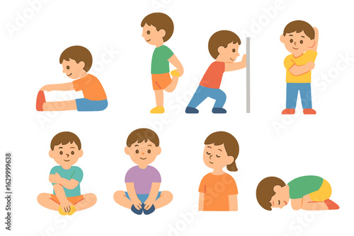 Kids' Stretching Illustration. Flat vector mini-illustrations static stretching post workout in colors children's illustrations:
