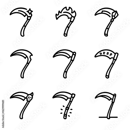 Fantasy Scythe Icon Set. Outline icon set of scythe fantasy: magical scythe, fiery blade, ice scythe, shadow scythe, crystal