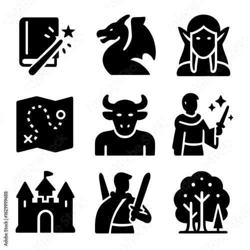 Fantasy Icon Collection. Solid, filled icon set of fantasy book themes: magic, dragons, elves, quests, mythical creatures, sorcery