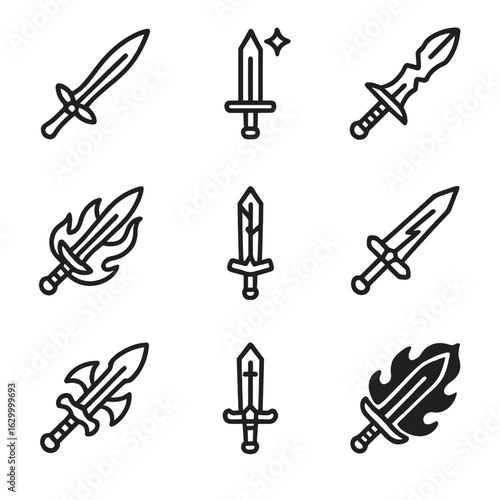 Fantasy Sword Icon Set. Outline icon set of sword in fantasy and culture: elven sword, magic sword, cursed blade, flame sword, ice