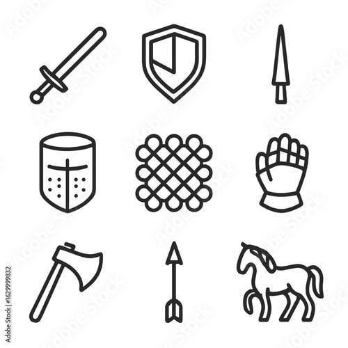 Knight's Armory Icons. Outline icon set of knight weapons and armor: longsword blade, kite shield emblem, jousting lance tip,