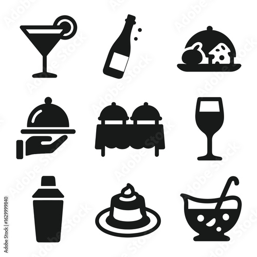 Catering Icons Set. Solid, filled icons set of Catering and refreshments: cocktail glass, champagne bottle,