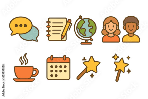 Language Exchange Icons. Flat vector mini-illustrations language exchange meetups in colors children's illustrations: speech