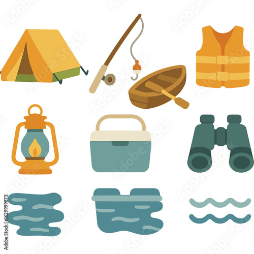 Lakeside Camping Icons. Flat vector mini-illustrations lakeside camping retreats in colors children's illustrations: tent, fishing