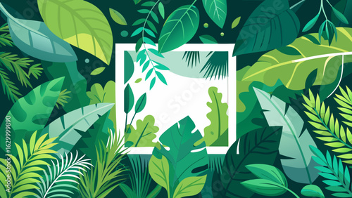 Vector art of lush tropical jungle foliage with various green leaves and plants surrounding a central white square frame, creating a natural border