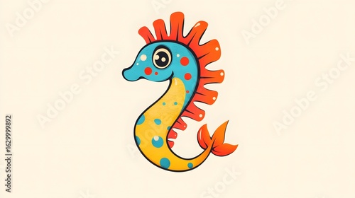 Digital illustration of a cute, cartoon seahorse with a detailed, spiky tail and bubbly spots.