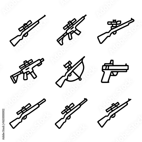 Scope Icon Set. Outline icon set of scope mounted weapons: sniper rifle, assault rifle, hunting rifle, airsoft gun, crossbow,