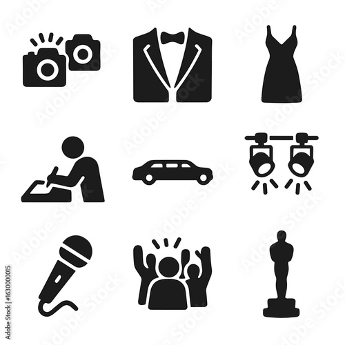 Celebrity Event Icons. Solid, filled icons set of celebrity event: paparazzi cameras, tuxedo, evening gown,