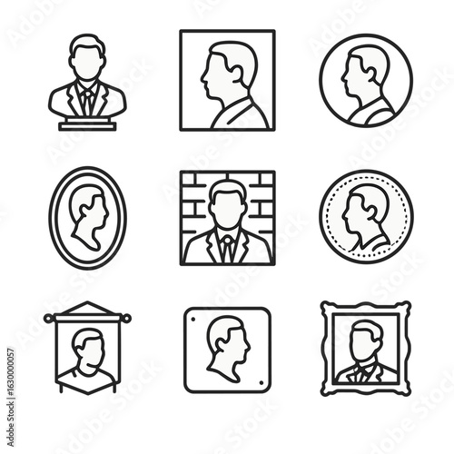 Leadership Icons Grid. Outline icon set of leader portraits and monuments: bust statue, relief carving, medallion, cameo portrait,