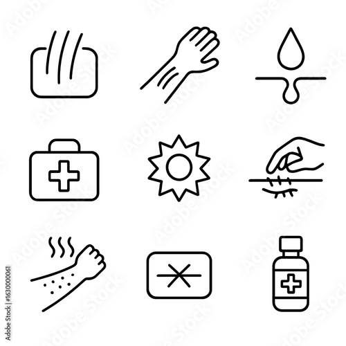 Scratch Injury Icons. Outline icon set of scratch injuries: skin scratch, scratched arm, bandage, bleeding wound, first aid, pain