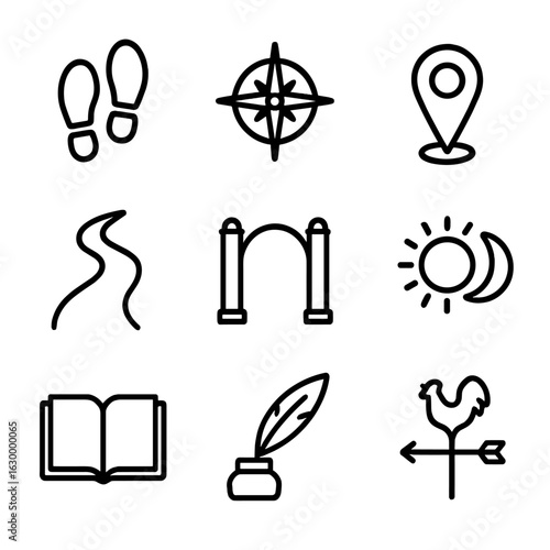 Fate's Journey Icons. Outline icon set of life path: footsteps, compass rose, map marker, winding road, gate, sun and moon, open