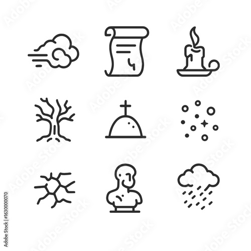 Dust to Dust Icons. Outline icon set of dust to dust: sandstorm, ancient scroll, extinguished candle, decayed tree, burial mound,