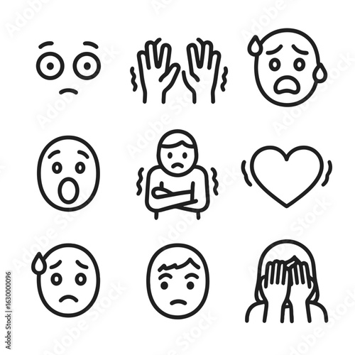 Fear Expression Icons. Outline icon set of fear expressions: wide eyes, trembling hands, sweating face, open mouth scream,