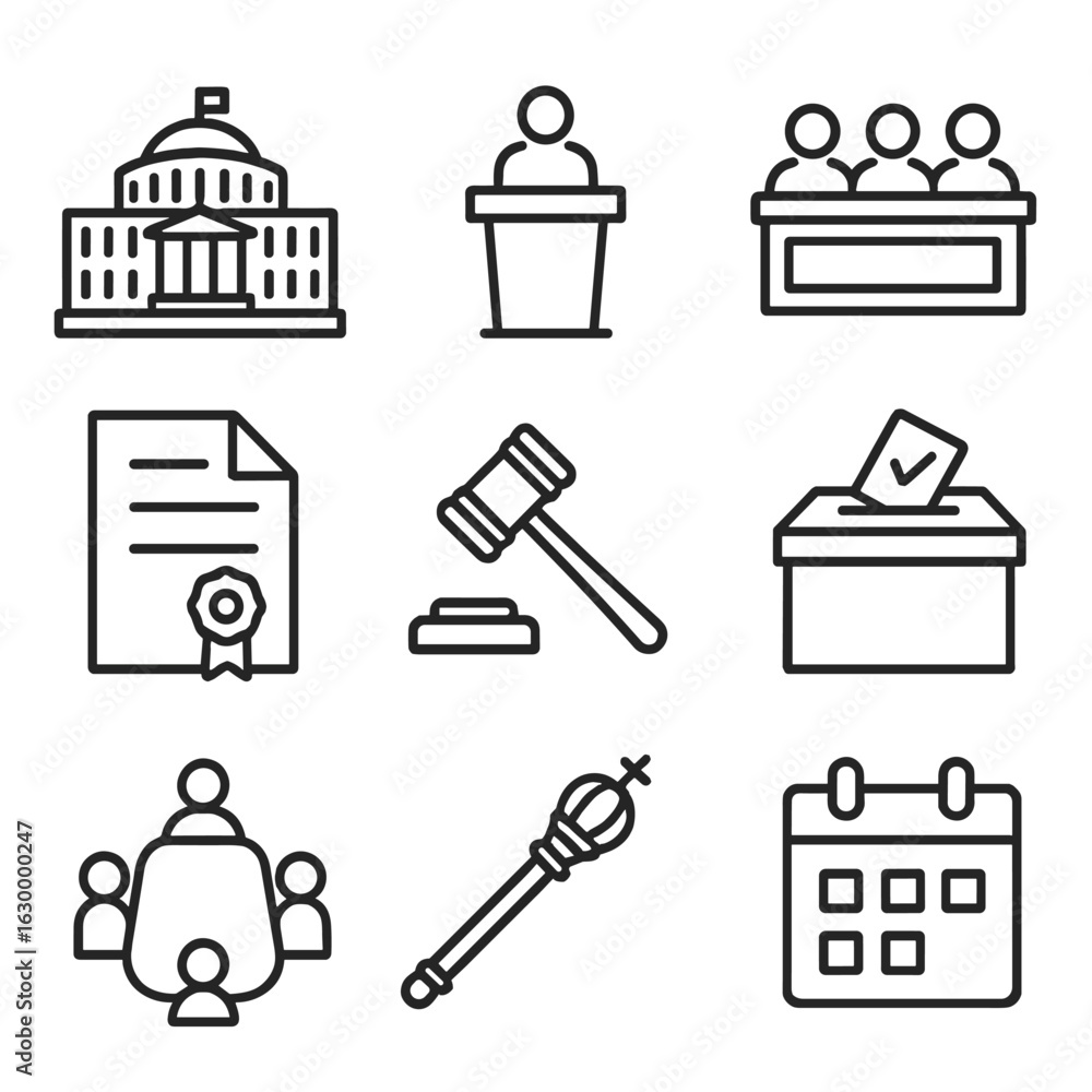 Naklejka premium Legislative Icons Set. Outline icon set of legislative bodies and processes: parliament chamber, senate podium, representative