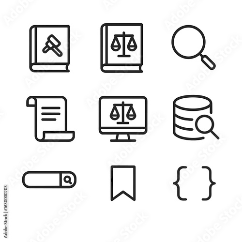 Legal Research Icons. Outline icon set of legal research and analysis: law book, statute volume, magnifying glass, scroll