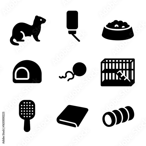 Ferret Care Icons. Solid, filled icon set of ferret care: ferret, water bottle, food dish, bedding, toy, cage, grooming brush,