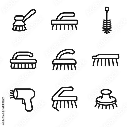 Scrub Brush Icons. Outline icon set of scrub brushes: dish scrub brush, floor scrub brush, bottle brush, nail brush, handle