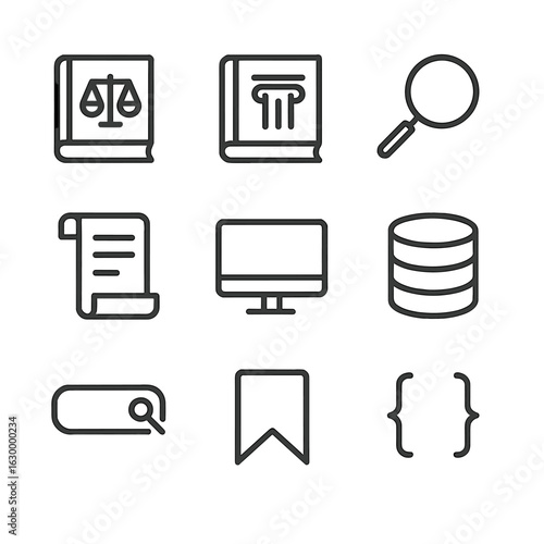 Legal Research Icons. Outline icon set of legal research and analysis: law book, statute volume, magnifying glass, scroll
