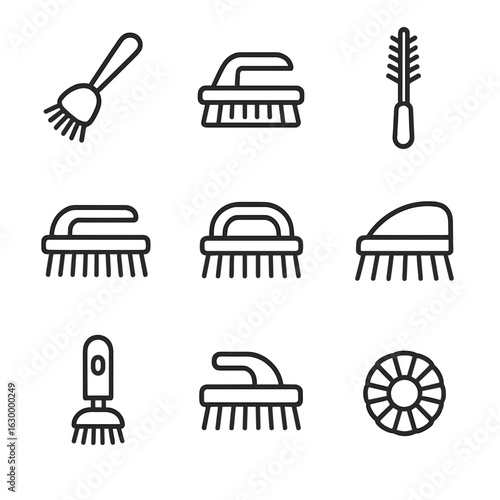 Scrub Brush Icons. Outline icon set of scrub brushes: dish scrub brush, floor scrub brush, bottle brush, nail brush, handle