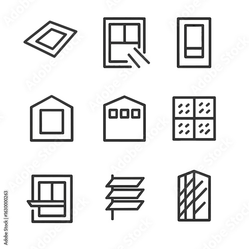 Architectural Light Icons. Outline icon set of light in architecture: skylight outline, window with light beam, lightwell shaft,
