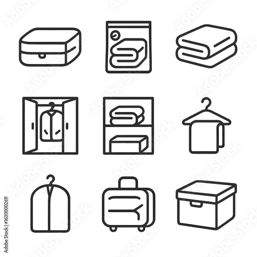Duvet Storage Line Icons. Outline icon set of duvet storage: storage bag, vacuum bag, folding, closet, shelf, hanger, protective