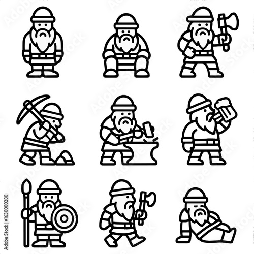 Dwarves and Orcs Icons. Outline icon set of dwarf poses: standing, sitting, fighting, mining, forging, drinking, guarding,