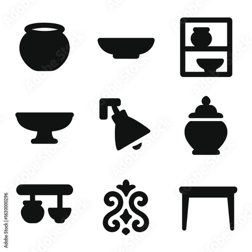 Ceramic Pot Icons. Solid, filled icons set of displaying ceramic pots or decorative bowls: round ceramic pot,