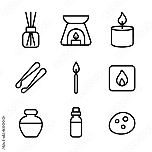 Aromatic Tools Icon Set. Outline icon set of aromatic tools: diffuser, oil burner, scented candle, incense tongs, matchstick,