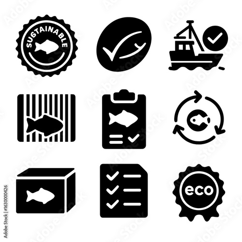 Certified Fisheries Icons. Solid, filled icons set of certified fisheries and labels: sustainability stamp,