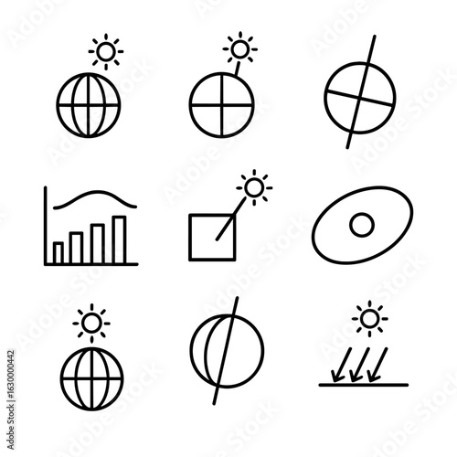 Seasonal Icon Set. Outline icon set of seasonal illumination: summer solstice marker, winter solstice marker, equinox axis,