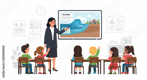 A teacher educates a diverse group of children about tsunamis and natural disaster preparedness in a classroom