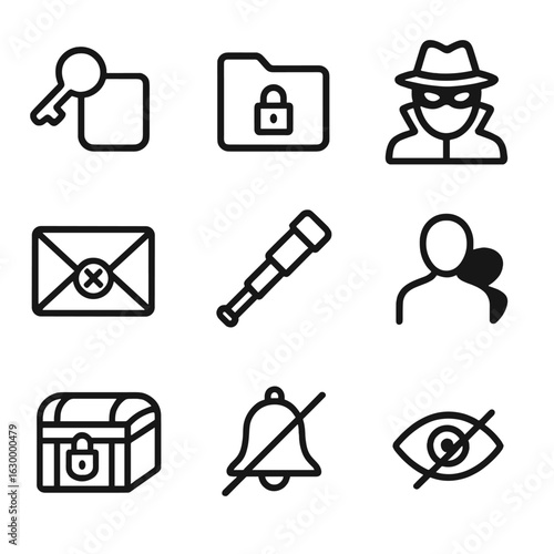 Secret Symbol Icons. Outline icon set of secret taboo: hidden key, secret folder, masked figure, sealed envelope, spyglass, shadow