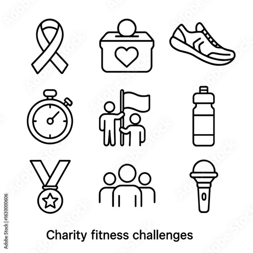 Charity Fitness Icons. Outline icon set of charity fitness challenges: ribbon, donation box, running shoes,