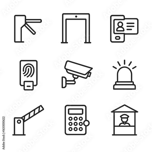 Security Icon Set. Outline icon set of security gateways: turnstile, security checkpoint, ID card scanner, biometric scanner,