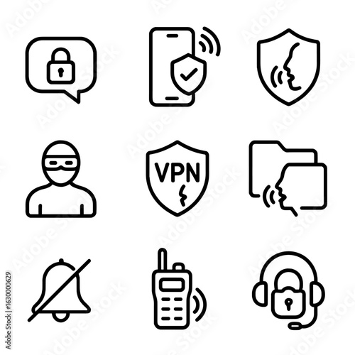 Security Icons Set. Outline icon set of security and privacy: encrypted speech bubble, secure voice call icon, privacy shield with
