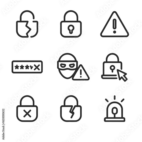 Security Alert Icons. Outline icon set of lock failure or alert: broken padlock, access denied, warning triangle, incorrect