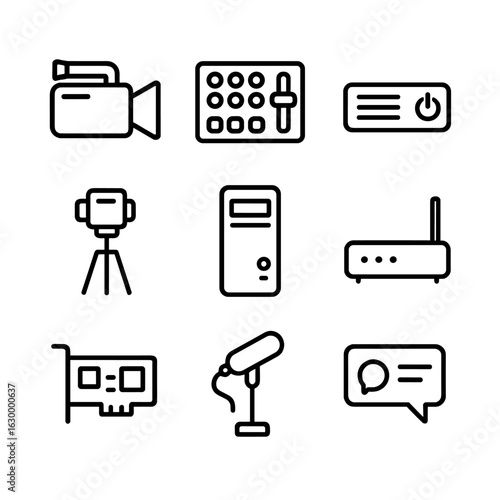 Live Streaming Icons. Outline icon set of live streaming and broadcasting: video camera, switcher panel, encoder device, tripod