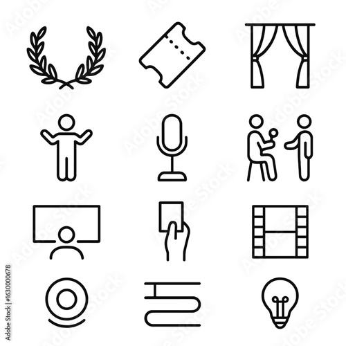 Film Festival Icons. Outline icon set of film festival themes: laurels icon, ticket stub, red curtain, standing ovation, award mic