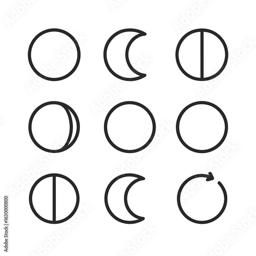Lunar Phases Icon Set. Outline icon set of lunar phases and tides: new moon, waxing crescent, first quarter, waxing gibbous, full