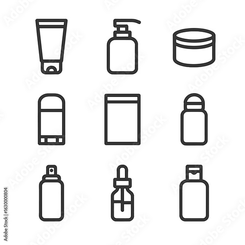 Lotion Packaging Icons. Outline icon set of lotion packaging types: squeeze tube, pump bottle, jar with screw lid, stick